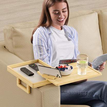 Wealone Black Couch Arm Tray for Wide Couch, Bamboo Sofa Arm Clip Table with Storage Box, Couch Armrest Tray with 360°Rotating Phone Holder, Sofa Arm Table Clip for Eating, Drinks or Dining