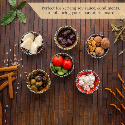 Ceramic Small Dipping Bowls Set of 6, 3.5 Oz Soy Sauce Dish, Handmade Charcuterie, Colorful Pinch, Dishwasher & Microwave Safe, 3.2'' Mini (SULTAN'S GARDEN)