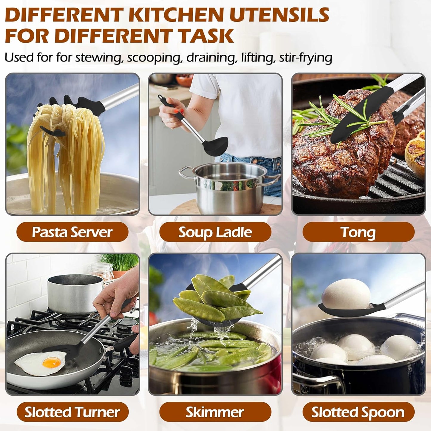 HaWare 29 PCS Silicone Cooking Utensils Set, Heat Resistant Kitchen Utensils Set with Stainless Steel Handle, Spatula Sets with Holder and Hooks, Kitchen Tools Gadgets for Nonstick Cookware -Khaki