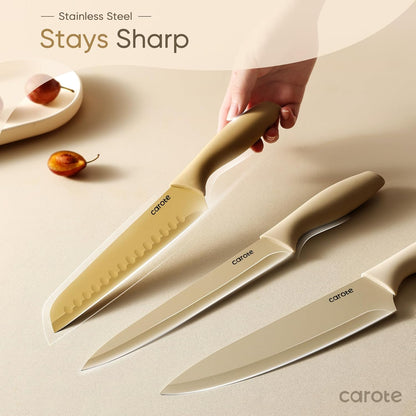 CAROTE Knife Set, 11 Pcs Kitchen Knives with 5 Blade Guards & Non-Slip Cutting Board, Rustproof Stainless Steel 5 Kitchen Knife Set, Plain Black