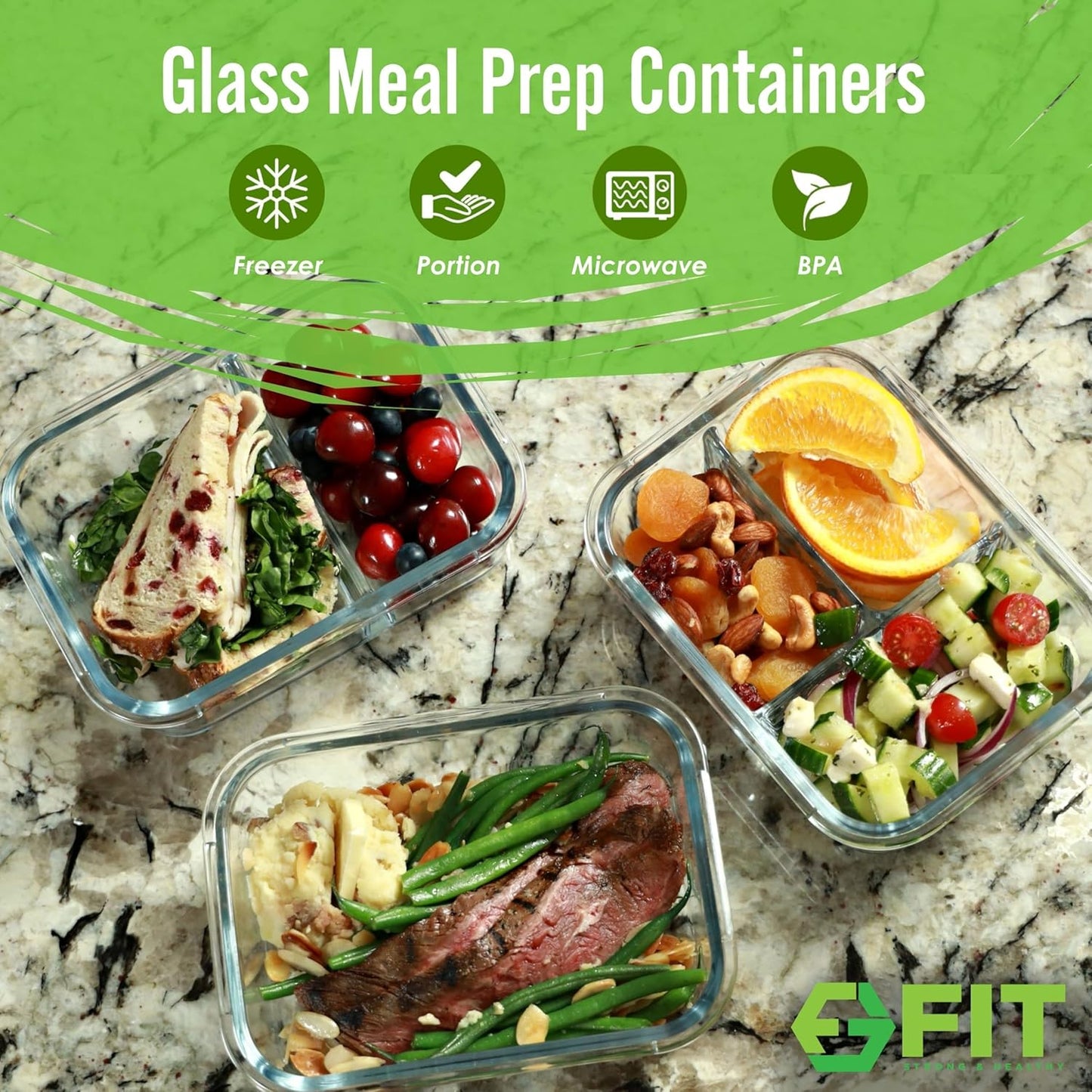 FIT Strong & Healthy 2 and 3 Compartment Glass Meal Prep Containers – Glass Bento Box for Adults, Portion Control, Food Storage, Lunch Container, Oven & Freezer Safe, Leak-Proof, 32 oz, Gray, 4 Pack