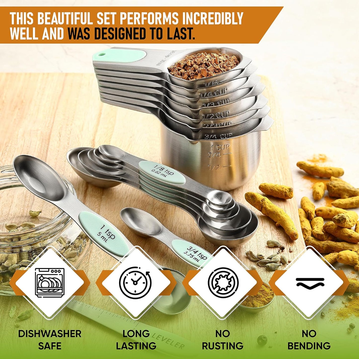 Spring Chef Magnetic Measuring Cups & Spoons Set, Patented, Strong N45 Magnets, Heavy Duty Stainless Steel Fits in Spice Jars for Baking & Cooking, BPA Free, Round Set of 15 with Leveler, Black