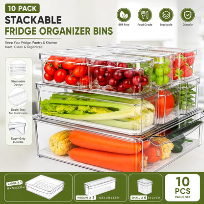 10 Pack Clear Fridge Organizer Bins with Lids, Plastic Storage Totes for Refrigerator, Pantry, Kitchen and Bathroom Vanity, Stackable Food Storage Boxes for Fruits, Vegetables, Cereals and Snacks