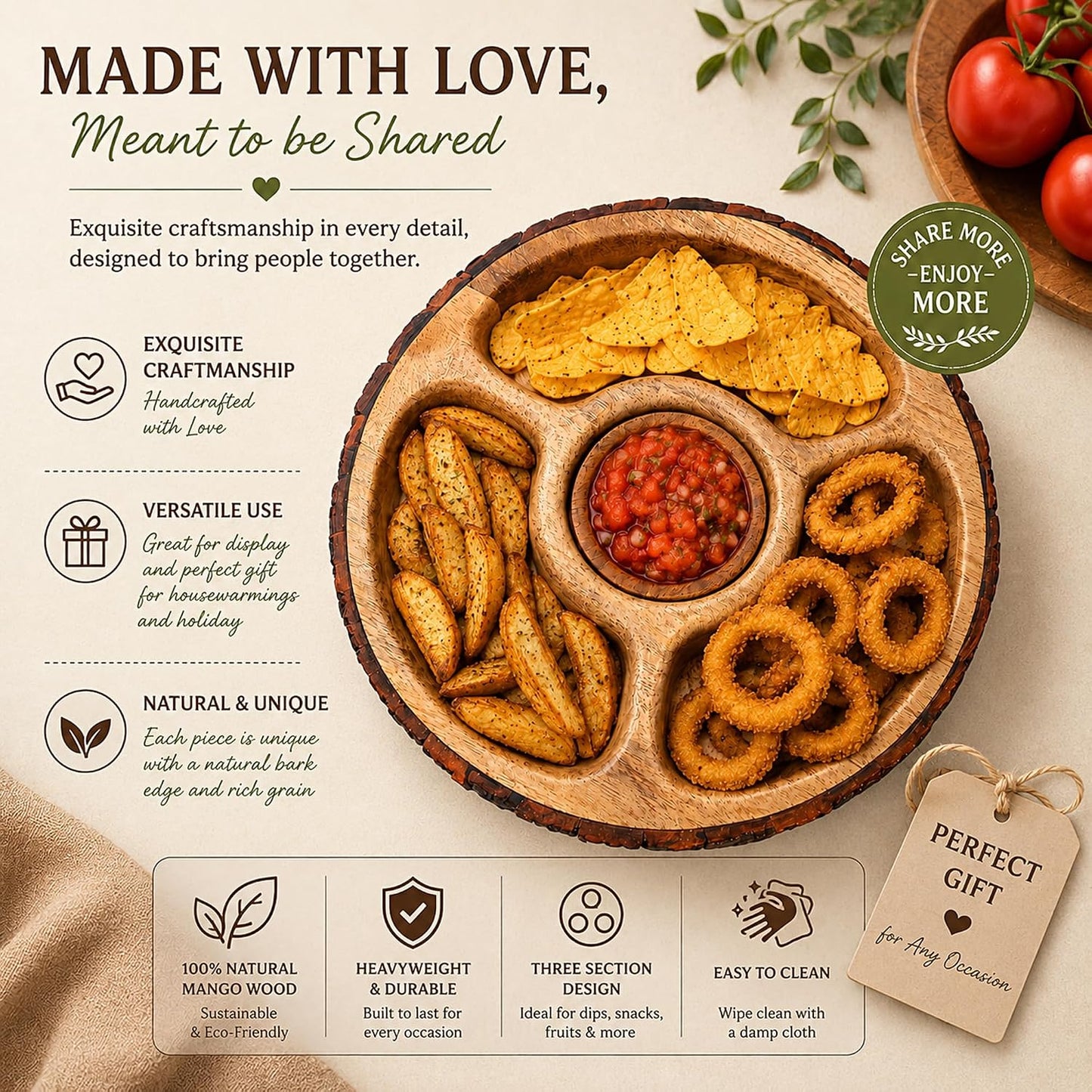 GoCraft Mango Wood Chip and Dip Serving Tray with Bowl, 4-Section Divided Appetizer Platter, Party Bowl Set for Chips & Salsa, Snacks, Entertaining, Hosting - Natural Brown, Rustic Bark Edge, 12.5"