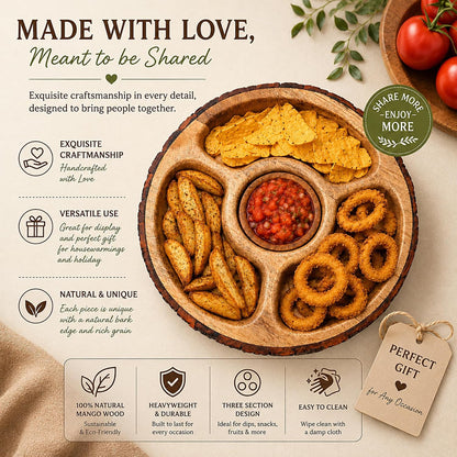 GoCraft Mango Wood Chip and Dip Serving Tray with Bowl, 4-Section Divided Appetizer Platter, Party Bowl Set for Chips & Salsa, Snacks, Entertaining, Hosting - Natural Brown, Rustic Bark Edge, 12.5"