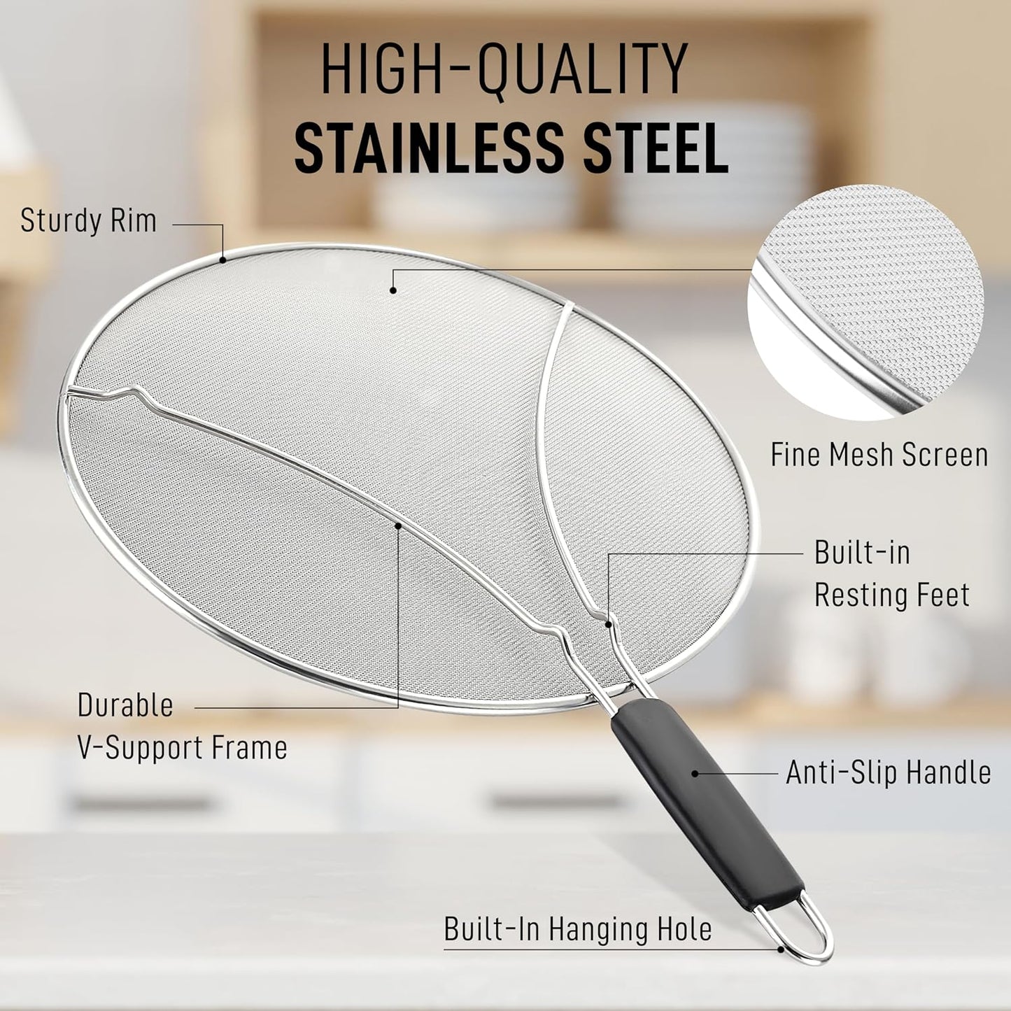 Zulay Kitchen Splatter Screen for Frying Pan (13”) - Grease Splatter Guard for Frying Pan - Oil Splatter Guard - Oil Splash Guard for Frying Pan - Stainless Steel Grease Screen for Stove Top (Black)