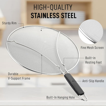 Zulay Kitchen Splatter Screen for Frying Pan (13”) - Grease Splatter Guard for Frying Pan - Oil Splatter Guard - Oil Splash Guard for Frying Pan - Stainless Steel Grease Screen for Stove Top (Black)
