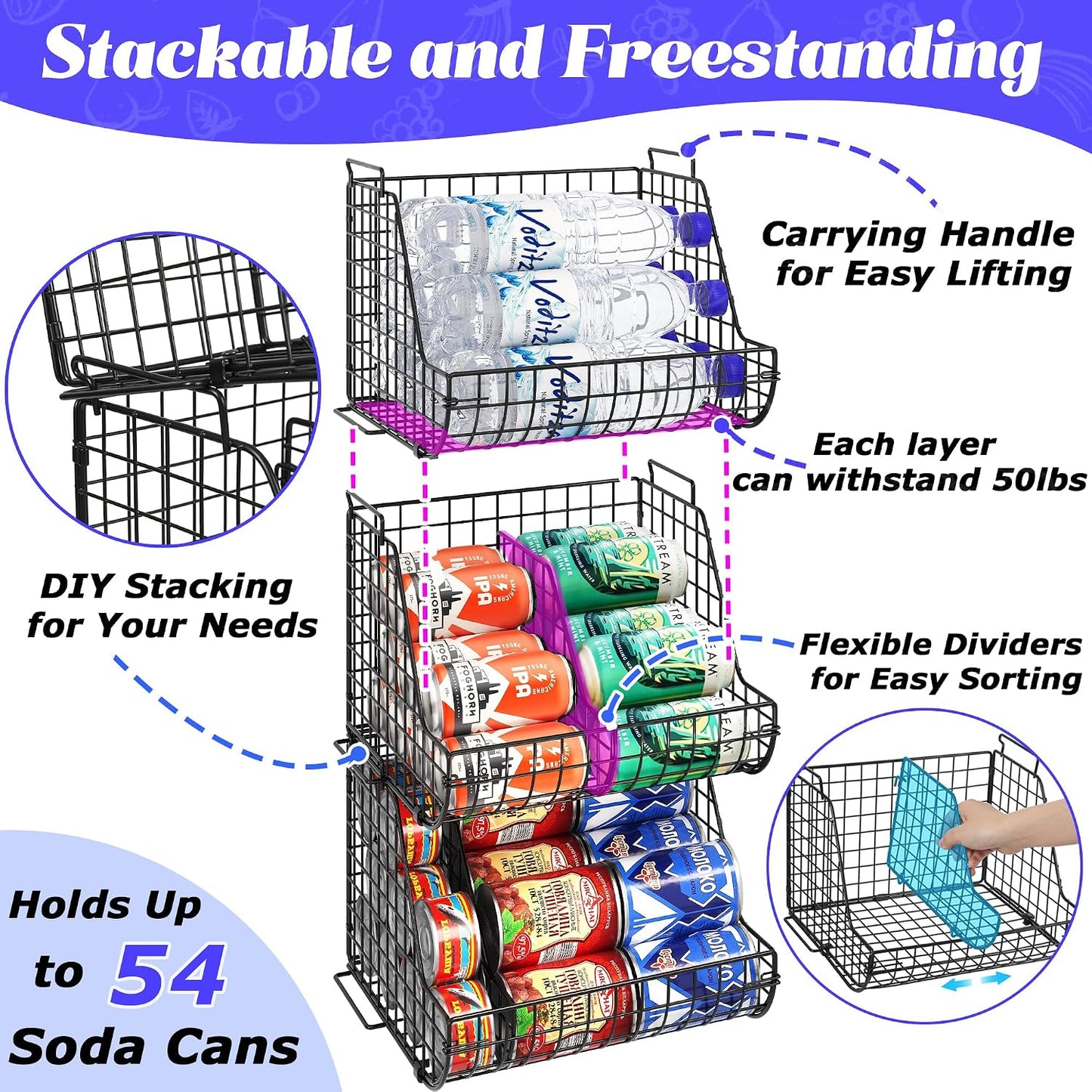 Stacking Can Dispensers 3 Tier with 3 Divider, Large Pantry Can Organizer, Beverage Drink Pop Soda Can Storage Basket, Can Holders for Pantry, Canned Food Rack Wire Bins for Kitchen Cabinet (3-Pack)