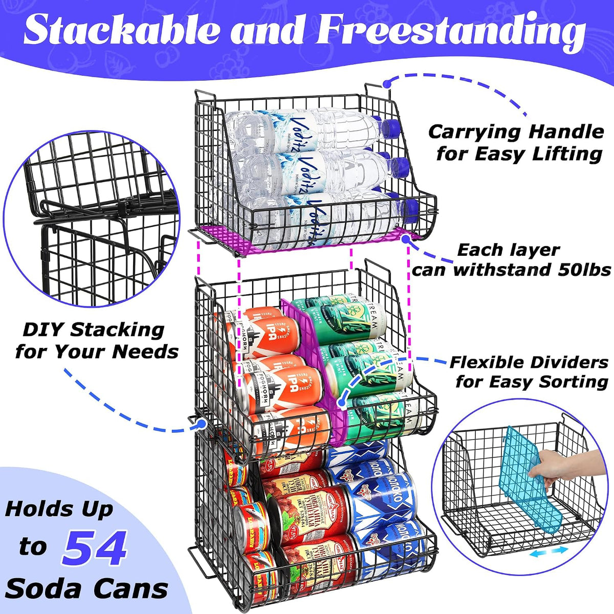 Stacking Can Dispensers 3 Tier with 3 Divider, Large Pantry Can Organizer, Beverage Drink Pop Soda Can Storage Basket, Can Holders for Pantry, Canned Food Rack Wire Bins for Kitchen Cabinet (3-Pack)