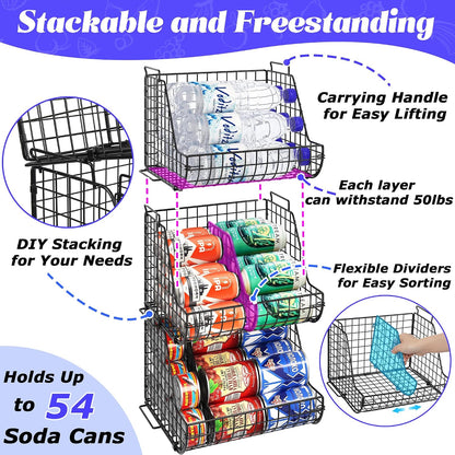 Stacking Can Dispensers 3 Tier with 3 Divider, Large Pantry Can Organizer, Beverage Drink Pop Soda Can Storage Basket, Can Holders for Pantry, Canned Food Rack Wire Bins for Kitchen Cabinet (3-Pack)