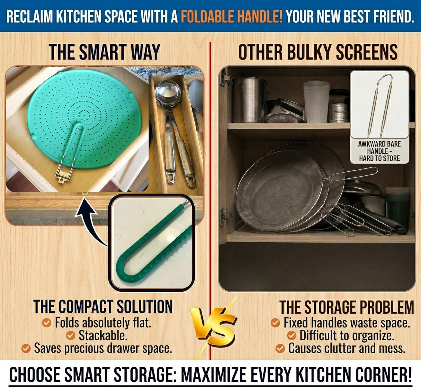 Silicone Splatter Screen for Frying Pan, 13” Navy – Grease & Oil Splatter Guard, Heat Resistant, Dishwasher Safe, Foldable Handle with Sleeves – Splash Guard Fits 10–12” Pans, Most 13” Skillets