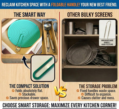Silicone Splatter Screen for Frying Pan, 13” Navy – Grease & Oil Splatter Guard, Heat Resistant, Dishwasher Safe, Foldable Handle with Sleeves – Splash Guard Fits 10–12” Pans, Most 13” Skillets