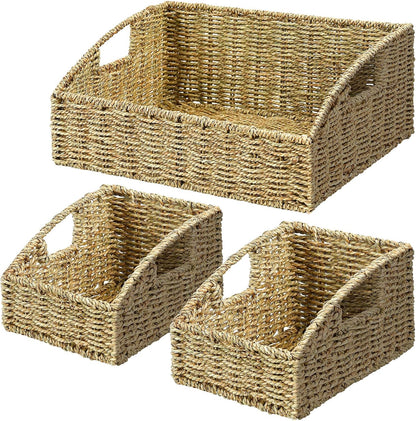 Rattan Storage Baskets, Handwoven Wicker Storage Bins with Built-in Handles, Storage Container Baskets for Shelves, Bedroom, Bathroom, Laundry Room or Kitchen(Natural)