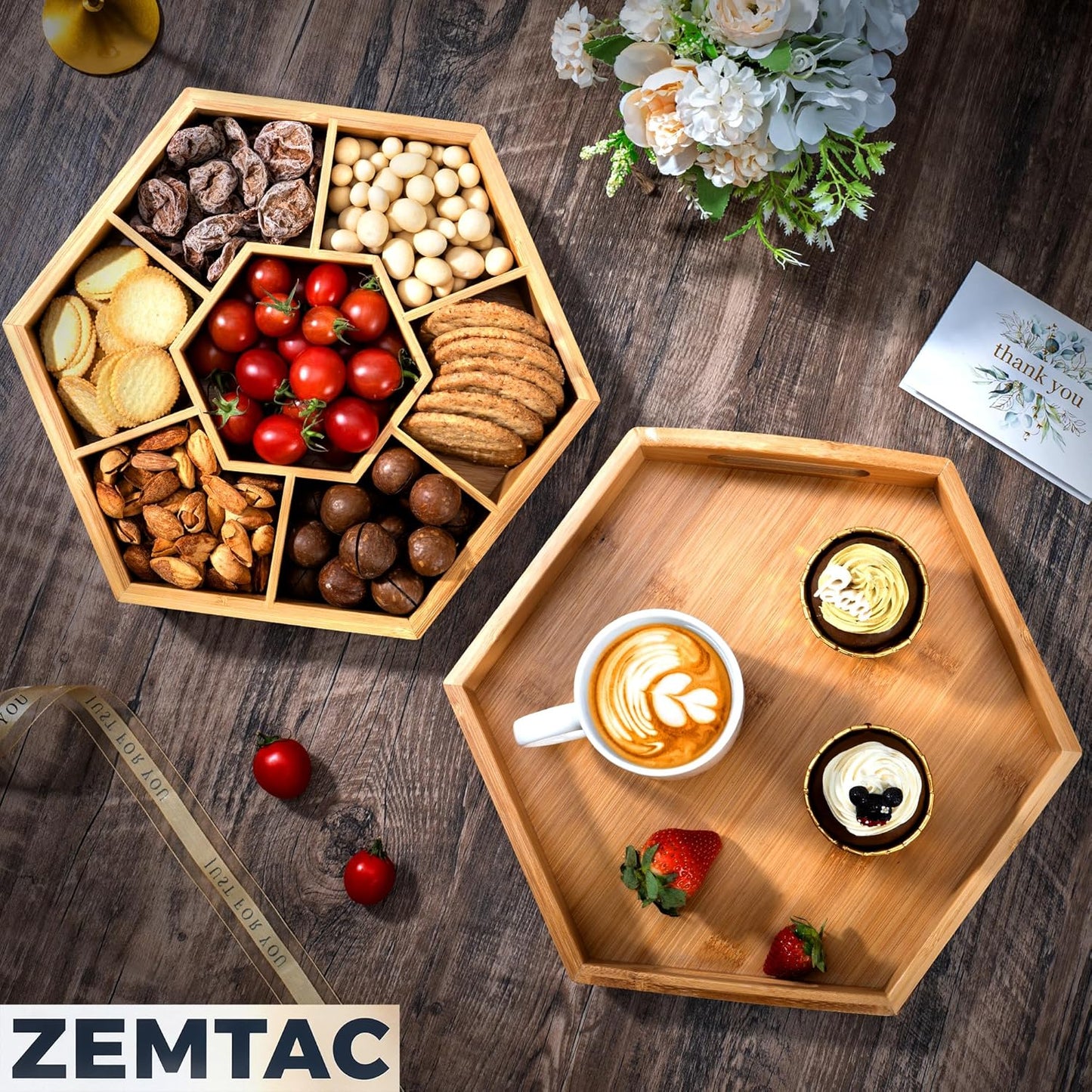 Snack and Serving Tray Set – 13" Divided Bamboo Appetizer Platter for Dry Fruit, Nuts, Cheese and Charcuterie (Bamboo, 13"x11")