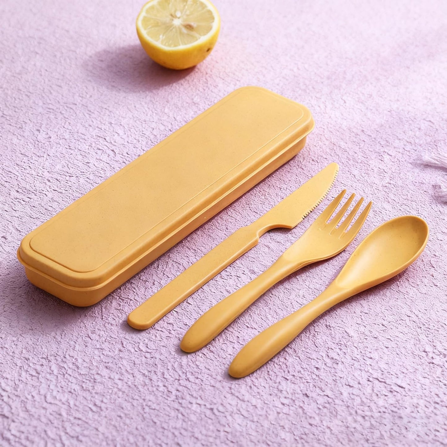 2 Pack Travel Utensils Set with Case, Wheat Straw Reusable Cutlery Set, Portable Spoon Knife Fork Tableware for Lunch Box, Picnic, Camping, Office, BPA Free for Adults Kids
