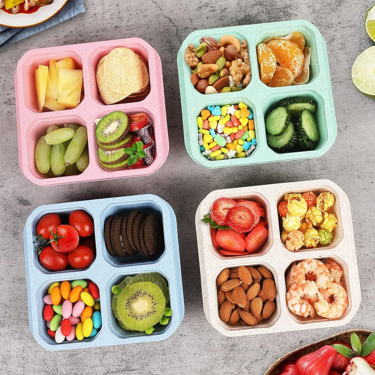 buluker 8 Pack Bento Snack Containers Set， 4 Compartment Food Storage Containers ，Wheat Straw Meal Prep Lunch Box ，Plastic Food Storage container, Microwave and Dishwasher Safe (Bright color)