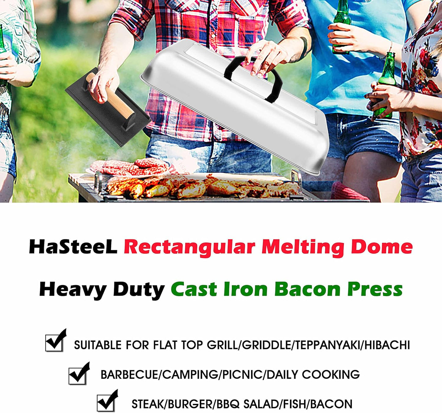 HaSteeL 13 x 9.75In Melting Dome & 8 x 4In Burger Press, Rectangular Basting Steam Cover with Bacon Press, Metal Griddle Accessories for Flat Top Teppanyaki Hibachi Grilling Cooking BBQ, Easy to Clean