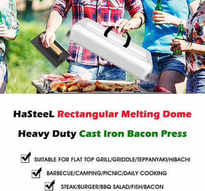 HaSteeL 13 x 9.75In Melting Dome & 8 x 4In Burger Press, Rectangular Basting Steam Cover with Bacon Press, Metal Griddle Accessories for Flat Top Teppanyaki Hibachi Grilling Cooking BBQ, Easy to Clean
