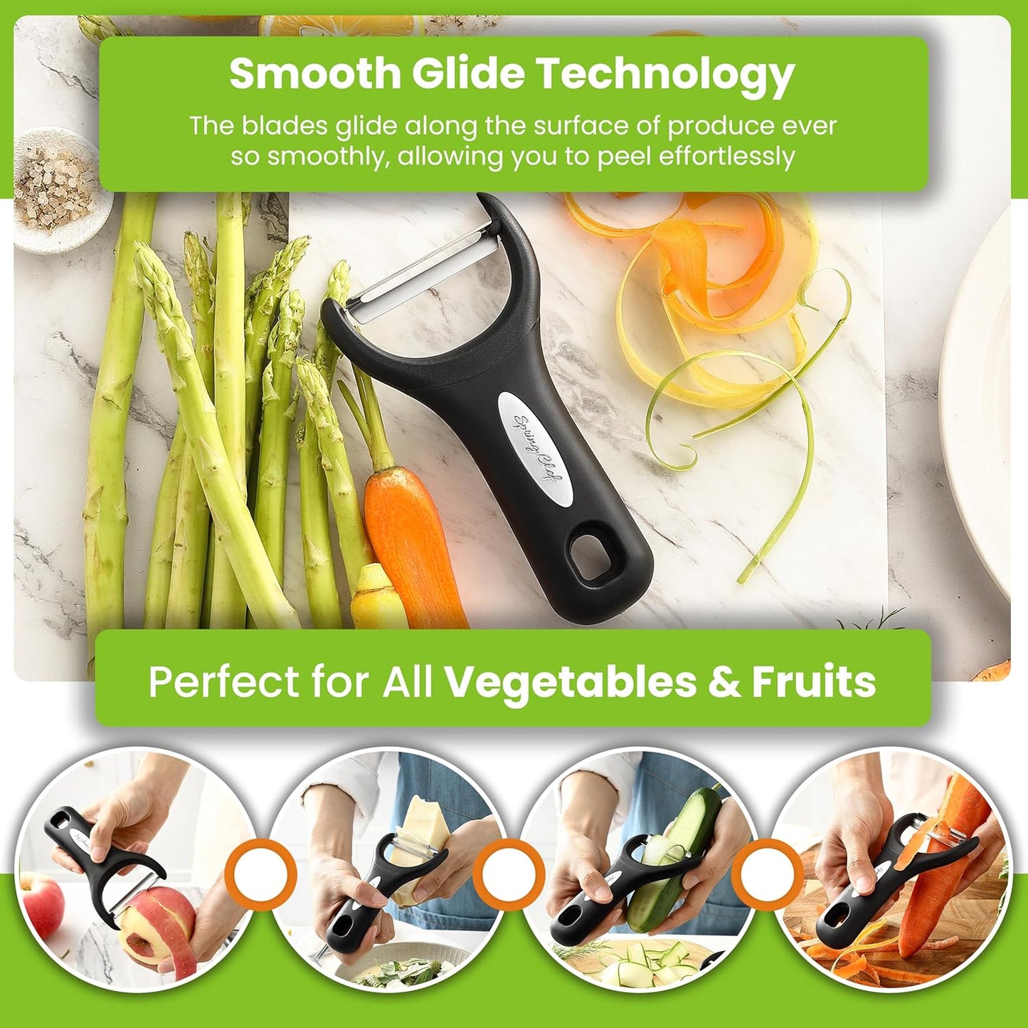 Spring Chef Vegetable Peelers for Kitchen - Stainless Steel Swivel, Y & Julienne Peelers, Potato Peelers with Soft Grip Handles, Kitchen Utensils Set of 3 for Fruits, Veggies, Apples, Carrots