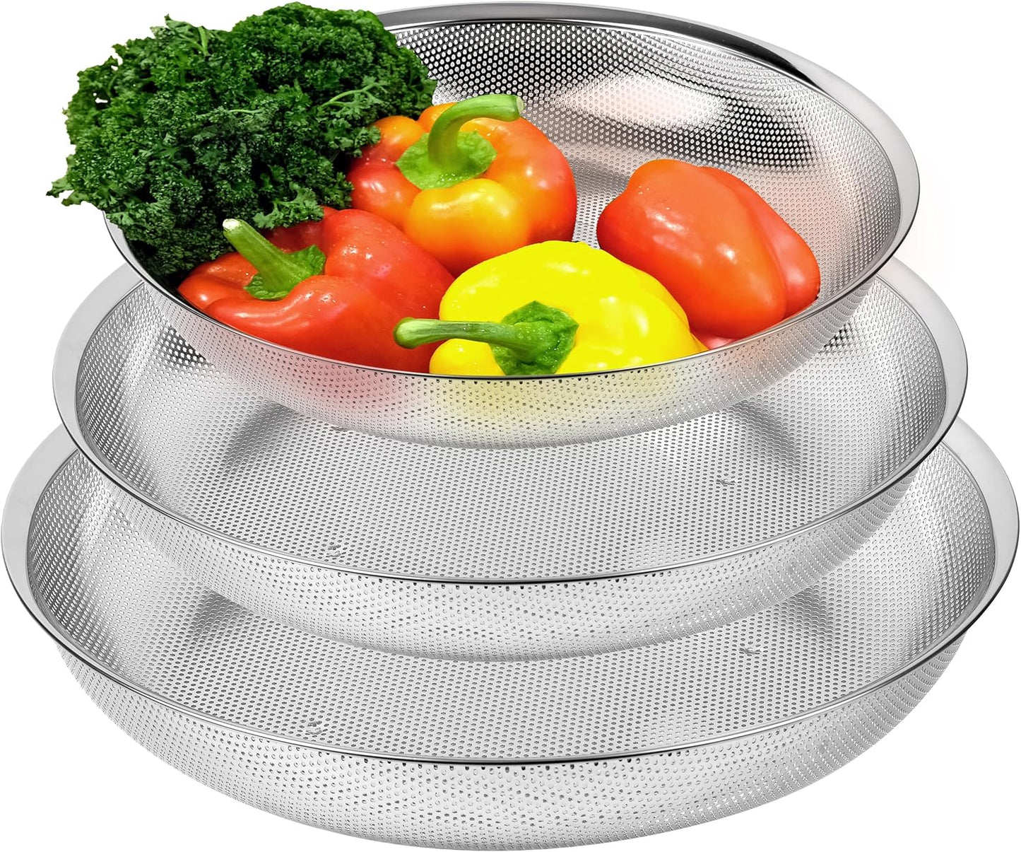 Premium 18/8 304 Stainless Steel Micro-Perforated Small and Big Colander Set of 4 with rings - 3.5-5.5-7.5-9.5 Quart Set, Self-Draining Solid Base for Pasta, Fruits, Vegetables