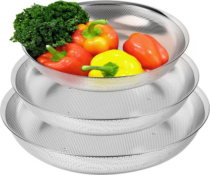 Premium 18/8 304 Stainless Steel Micro-Perforated Small and Big Colander Set of 4 with rings - 3.5-5.5-7.5-9.5 Quart Set, Self-Draining Solid Base for Pasta, Fruits, Vegetables