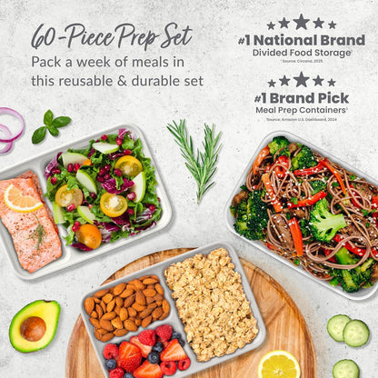 Bentgo Prep 60-Piece Meal Prep Kit - Reusable PFAS & BPA-Free Food Containers, 1-Compartment, 2-Compartment, & 3-Compartments - Microwave, Freezer, & Dishwasher Safe (Gleam Metallics)