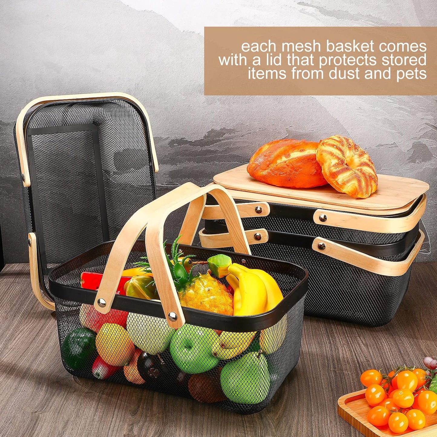 Jingmore 4 Pcs Metal Mesh Baskets with Lid, Stackable for Storage, Prevents Fruit Flies for Vegetable Fruit Kitchen Cabinet Picking Gathering Pantry Harvest Garden(16 Inch,Black)
