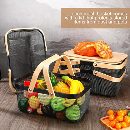 Jingmore 4 Pcs Metal Mesh Baskets with Lid, Stackable for Storage, Prevents Fruit Flies for Vegetable Fruit Kitchen Cabinet Picking Gathering Pantry Harvest Garden(16 Inch,Black)