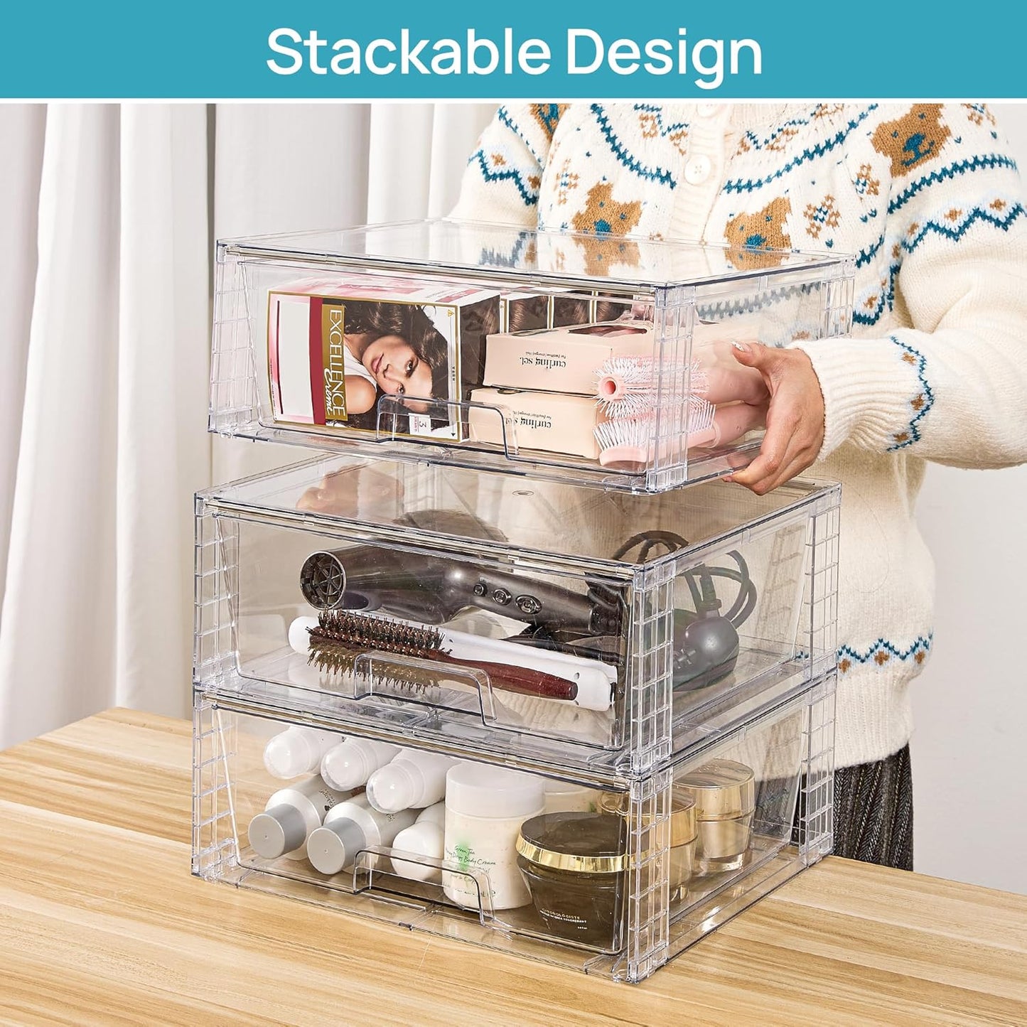 Vtopmart 2 Pack Large Stackable Storage Drawers,Easily Assemble Clear Acrylic Bathroom Closet Undersink Organizers,Plastic Storage Bins for Cabinet,Kitchen Pantry,Medicine Organization
