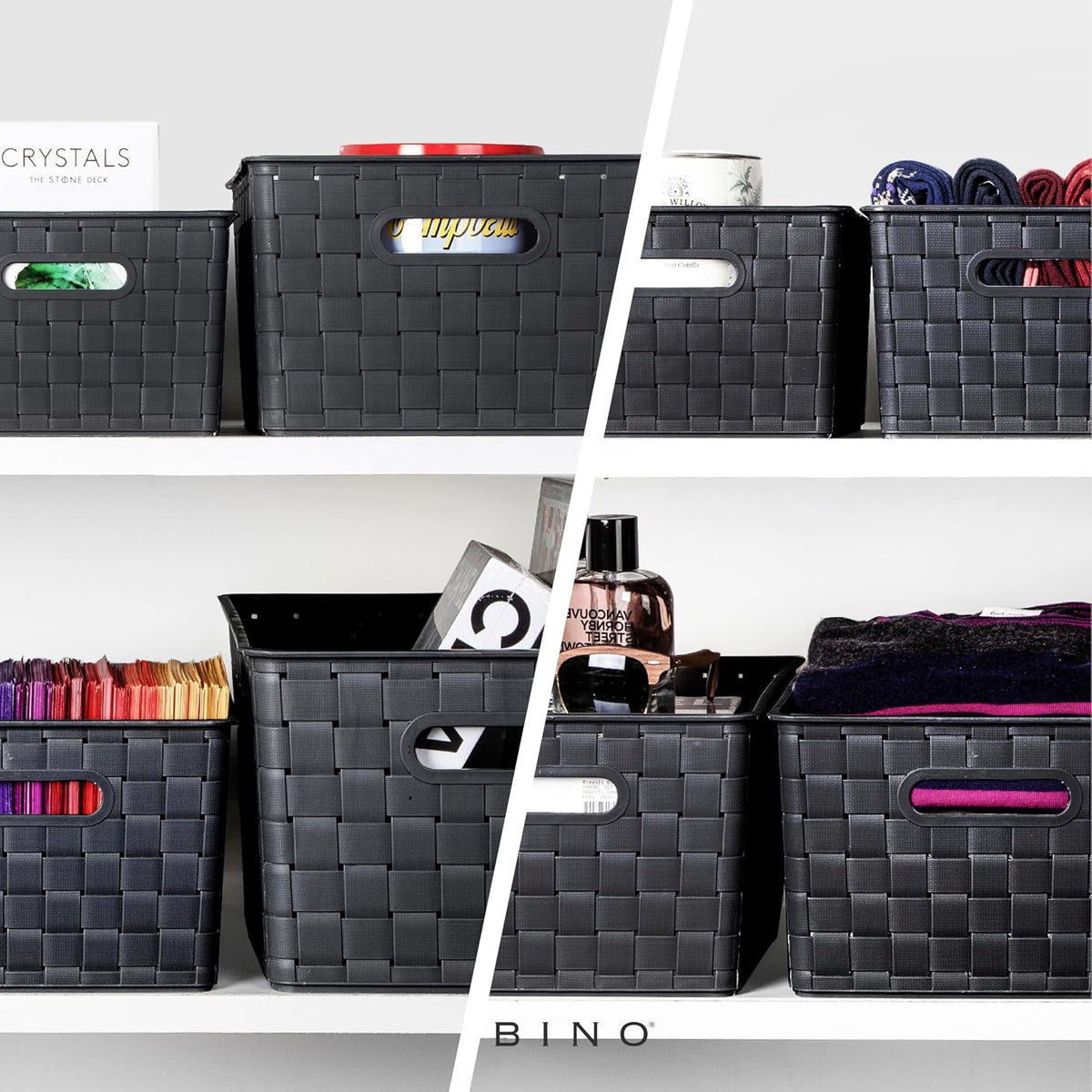BINO | Plastic Storage Baskets Large - Black | THE STABLE COLLECTION | Multi-Use Storage | Rectangular Cabinet Organizer | Baskets For Organizing with Handles | Home Office Organization and Storage
