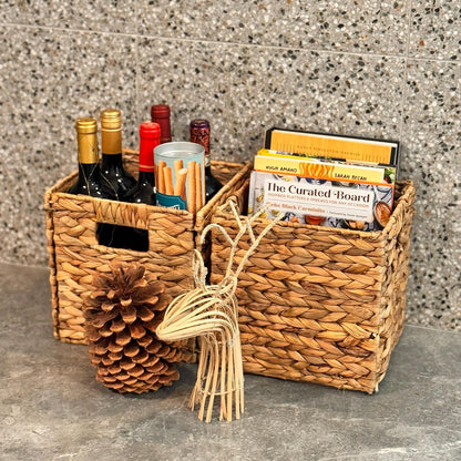 4 Hand-Woven Wicker Storage Baskets 13x11x11in, Water Hyacinth Shelf Bins | ECO-FRIENDLY & SUSTAINABLE