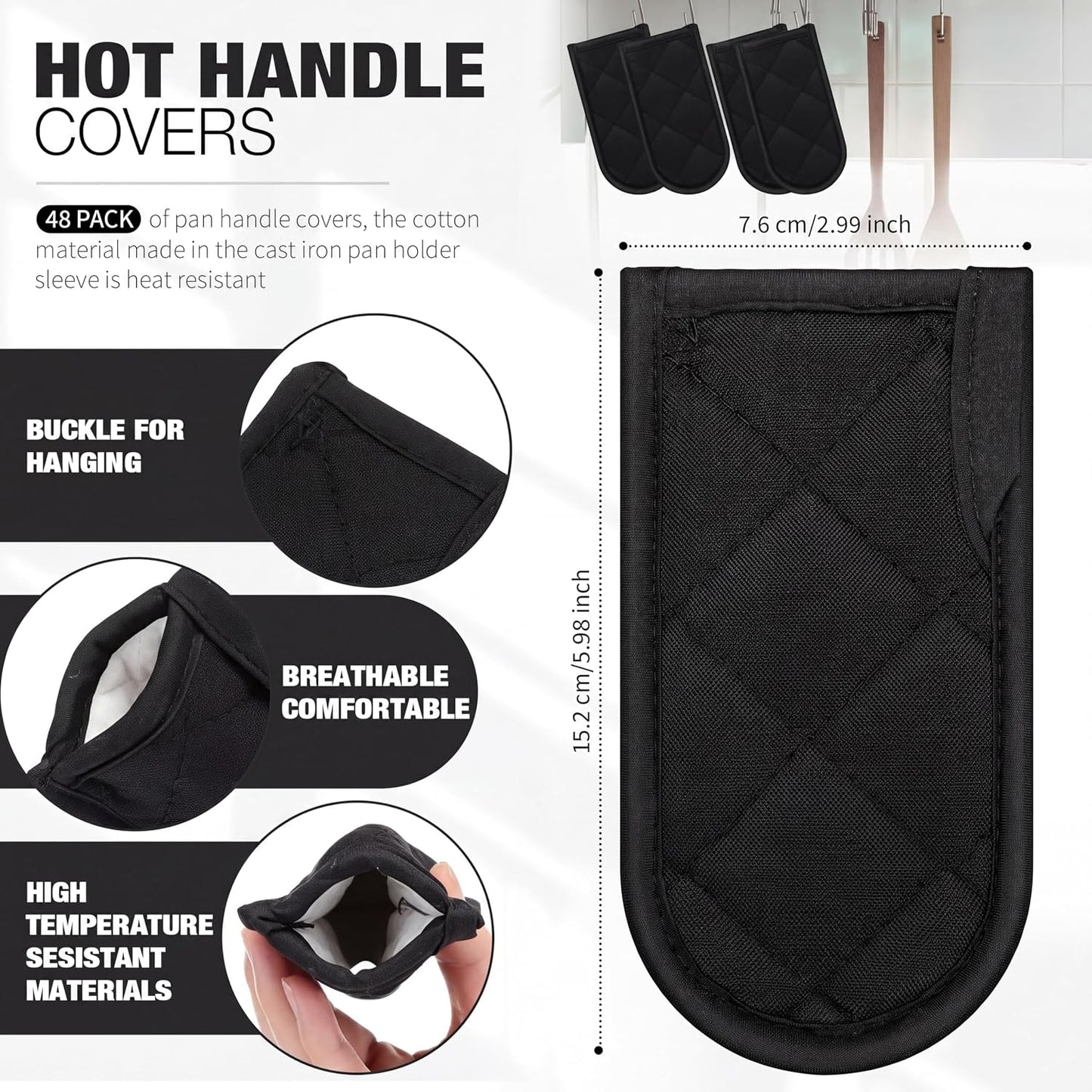 Dandat 24 Set Hot Handle Covers for Daily Replace Use Gift Pan Handle Sleeve Covers Heat Resistant Cast Iron Holder Sleeve Washable Handgrip Mitts for Christmas Kitchen Gifts Craft (Black)