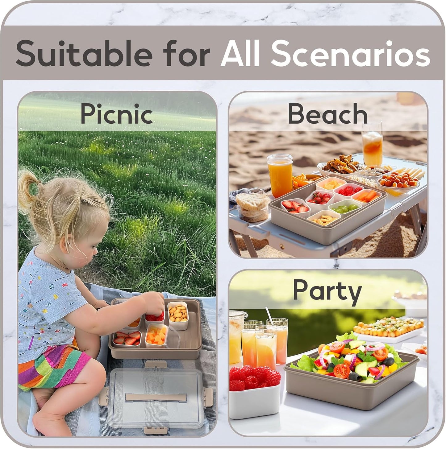Snackle Box Container for Adults with 9 Compartment, Divided Serving Tray Snack Box Containers with Lid and Handle, Charcuterie Boxes Portable Snack Platter for Fruit Veggie Party Travel, White
