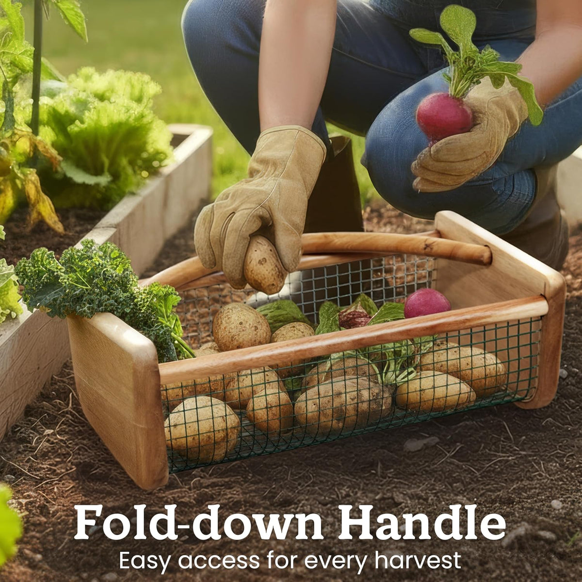 HOMESTEAD Garden Hod Harvest, Durable Acacia Wood Frame with Rotating Handle Basket, Farmhouse Basket for Home Improvement, Gardening, Farm, Kitchen, Indoor Outdoor Use, Natural Color