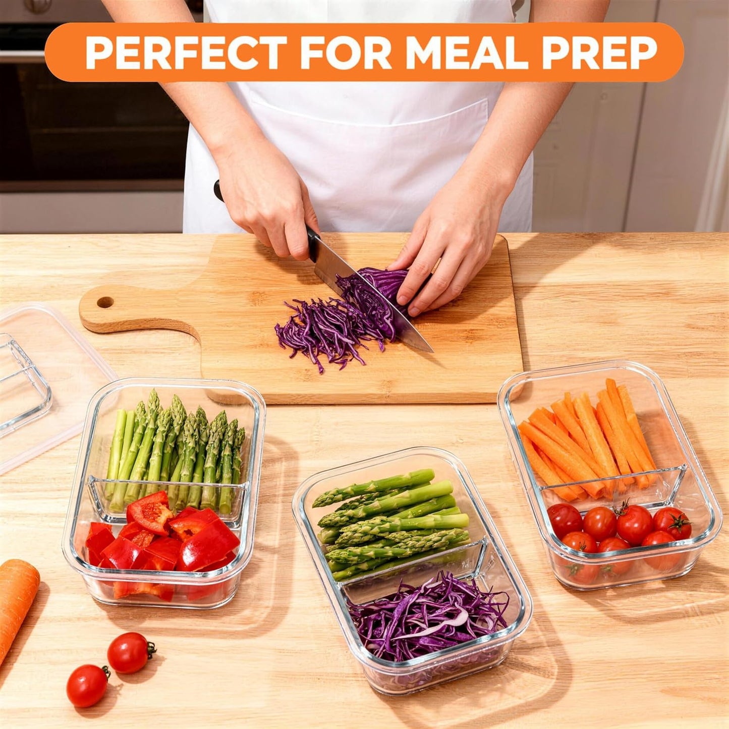 Glass Meal Prep Containers 5 Pack - Lunch Boxes with Leakproof Lids, Food Storage Containers, Bento Boxes, Gray (3 Compartment)