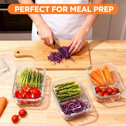 Glass Meal Prep Containers 5 Pack - Lunch Boxes with Leakproof Lids, Food Storage Containers, Bento Boxes, Gray (3 Compartment)