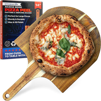 16-Inch Wooden Pizza Peel, X-Large Paddle, Cutting & Serving Board w Handle