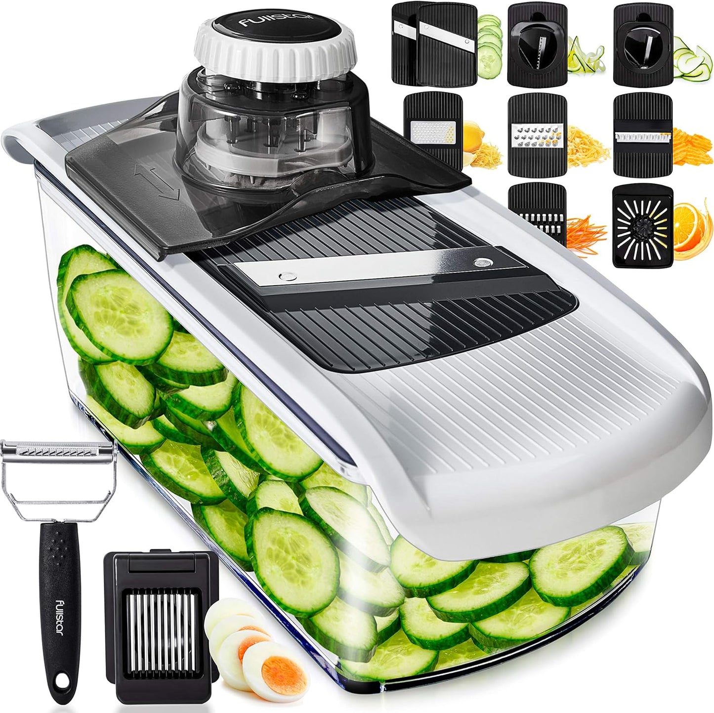 Fullstar Mandoline Slicer for Kitchen, Fruit Cutter, Cheese Grater, Cucumber Slicer, Veggie Spiralizer, Food Cutter & Kitchen Gadgets & Gifts with Safety Glove (11 in 1, White)