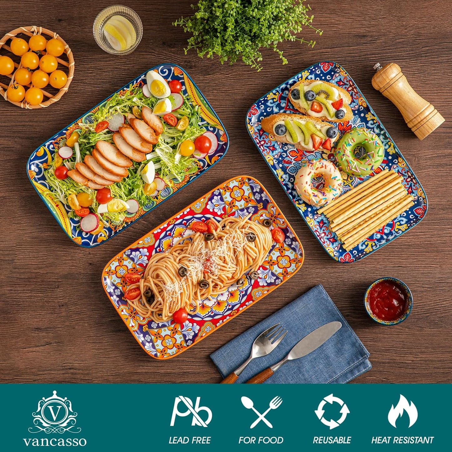 vancasso Serving Platters Set of 3, 16"/14"/12" Inch Rectangular Trays - Serving Platter Extra Large, Ceramic Bohemian Serving Dish for Entertaining Food, Microwave & Dishwasher Safe, Colorful