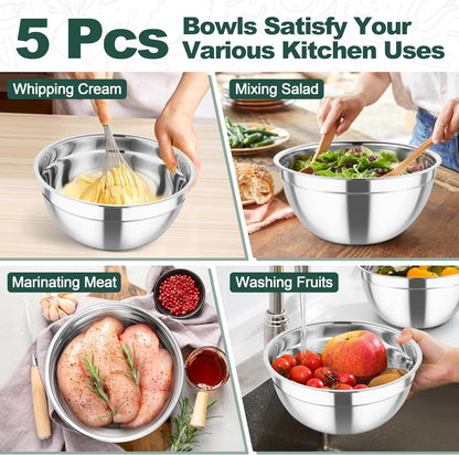 TeamFar Mixing Bowls, Stainless Steel Salad Serving Bowl with Clear Lids & 3 Graters, For Kitchen Cooking Prepping Storing, Size 4.6/2.6/1.5/1/0.7 QT, Nesting & Airtight, Set of 5 & Khaki