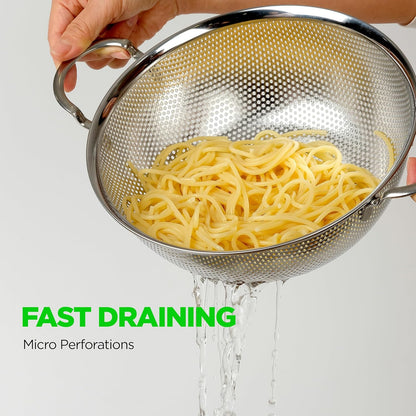 Premium 18/8 304 Stainless Steel Micro-Perforated Small and Big Colander Set of 4 with rings - 3.5-5.5-7.5-9.5 Quart Set, Self-Draining Solid Base for Pasta, Fruits, Vegetables