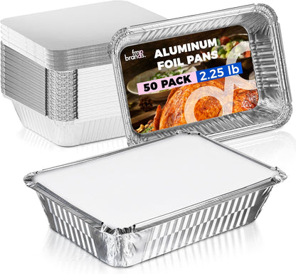 Fit Meal Prep 100 Pack 2.25 lb Aluminum Foil Pans with Lids, Disposable Take Out Food Containers with lids for Freshness and Spill Proof, 8.5 x 6 x 2 Disposable Cookware for Catering, Restaurants