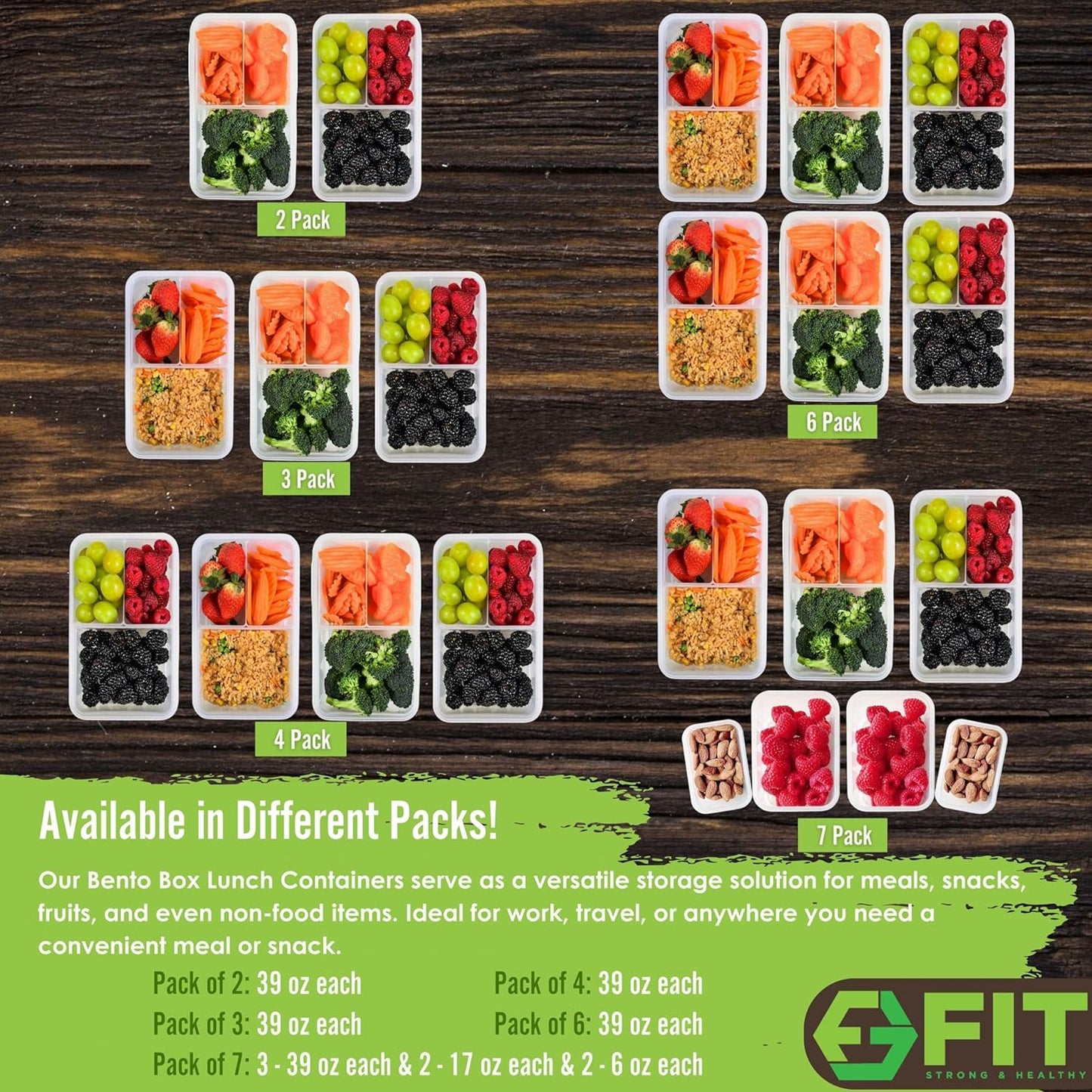 Bento Box for Kids and Adults - Reusable Lunch Box Meal Prep Containers - 3 Compartment Snack Box Container with Airtight Lid - Dishwasher, Freezer, Microwave Safe Food Snack Storage (39 oz, 7 Pack)