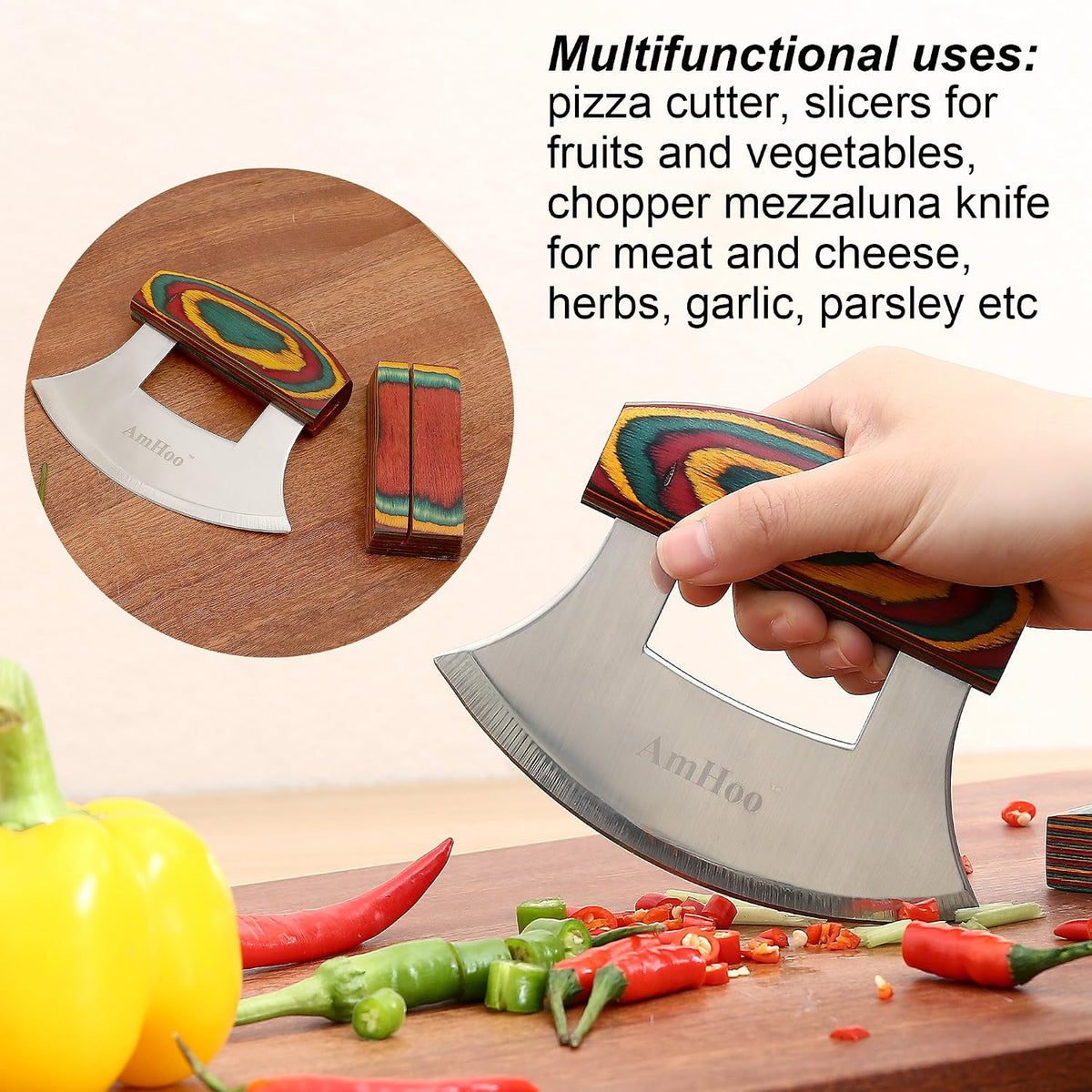 Amhoo Pizza Cutter Chef Mezzaluna Ulu Knife Handle Color Wood Grip Sharp Rocker Slicer Stainless Steel Blade Salad Onion Vegetable Chopper with Holder Base Christmas Gifts