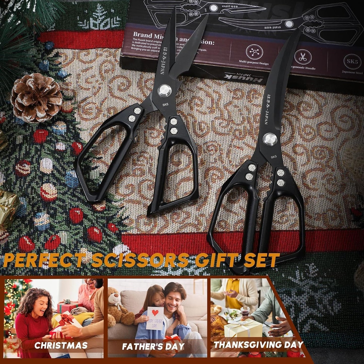 HUUSK Kitchen Scissors Set Silver - Stainless Steel Kitchen Shear, Sharp Meat Scissors, Heavy Duty Poultry Shears, Japanese Cooking Scissor for Food, Gifts for Men Women