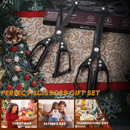 HUUSK Kitchen Scissors Set Silver - Stainless Steel Kitchen Shear, Sharp Meat Scissors, Heavy Duty Poultry Shears, Japanese Cooking Scissor for Food, Gifts for Men Women