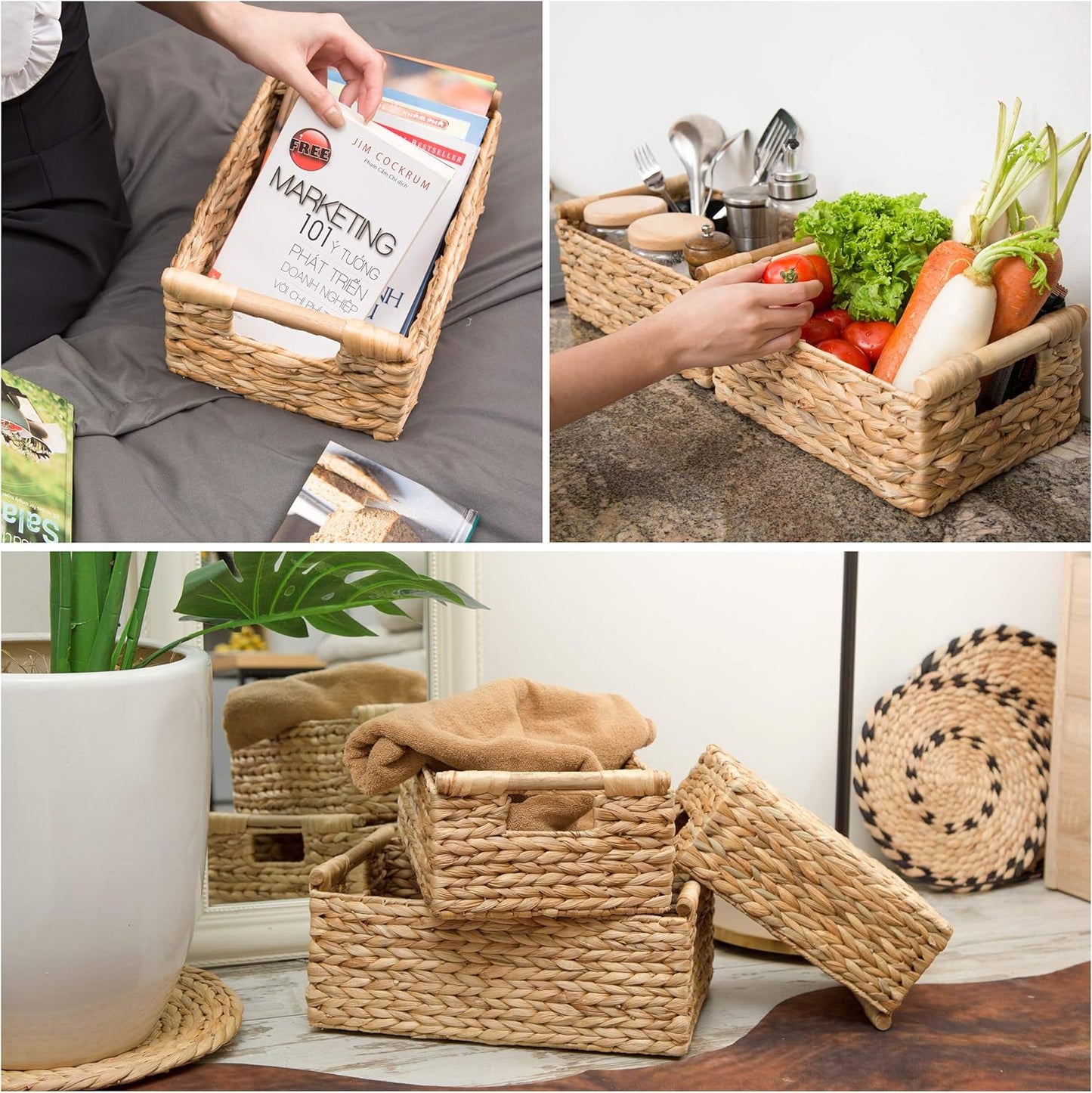 VATIMA Water Hyacinth Storage Baskets with Large Open-Front for Kitchen, Decorative for Living Room, 13.4” x 9.5” x 5.5”, 2 Pack