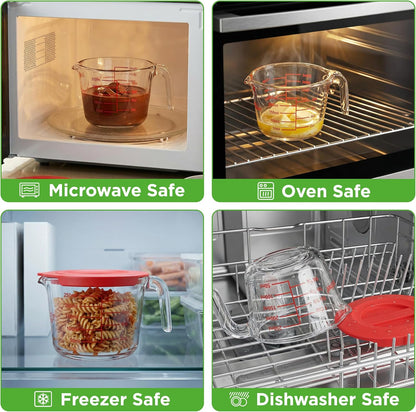 NutriChef 1,2 and 4 Cups Glass Measuring Cup Set with Lids (8, 17 and 34 oz) - Heat-Resistant Borosilicate Liquid Measure Cups with Easy-Read Scale for Cooking, Baking & Food Storage, Dishwasher Safe