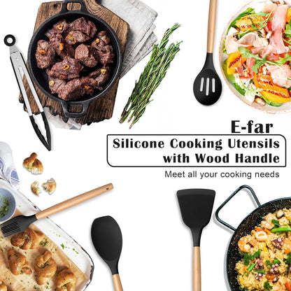 E-far Silicone Cooking Utensils Set, 5-Piece Kitchen Utensils Set with Wooden Handle for Cooking, Silicone Kitchen Nonstick Tools Spatula Turner Slotted Spoons, Nontoxic & Heat Resistant-Khaki