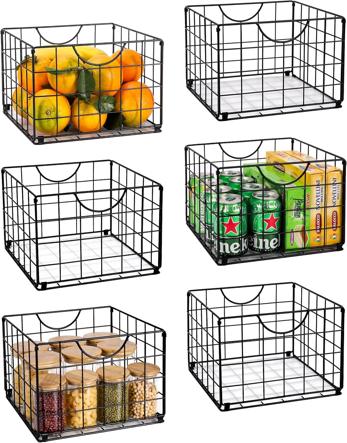 DINGTAI Metal Wire Basket Organizer Foldable Set of 6, Food Storage Mesh Bin with PVC Sheet, Freezer Organizer Bins for Pantry Closet Bathroom-Black